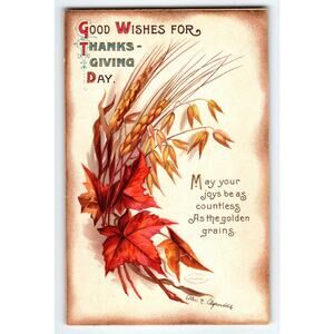 Vintage Thanksgiving Postcard Wheat & Autumn Leaves Litho Ellen H. Clapsaddle